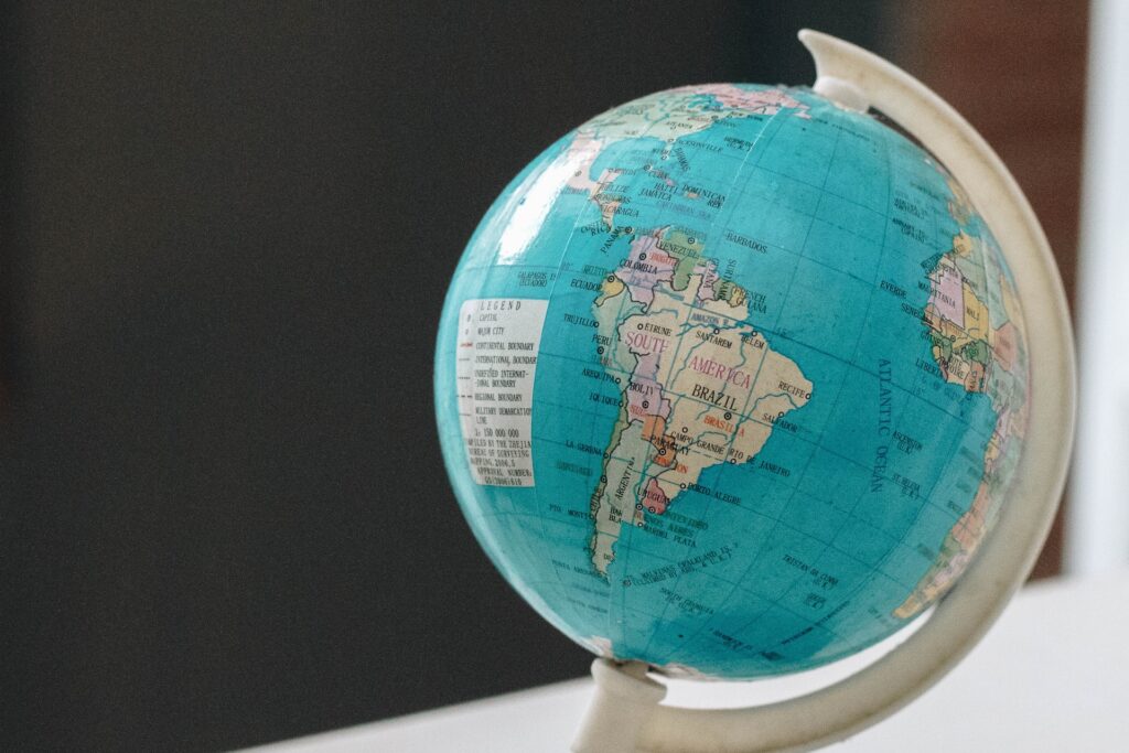 A globe featuring South America