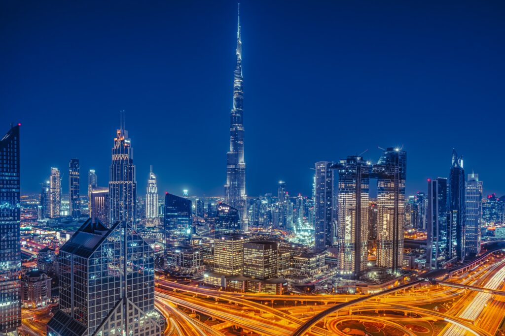 Dubai skyline in the night-time